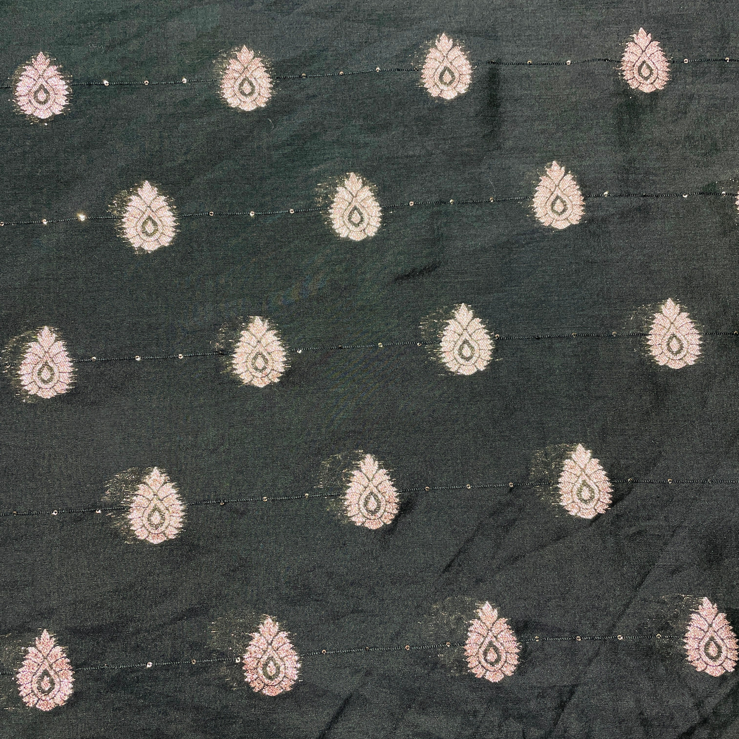 Dark Green Traditional Zari Embroidery Sequence Chanderi Fabric - TradeUNO
