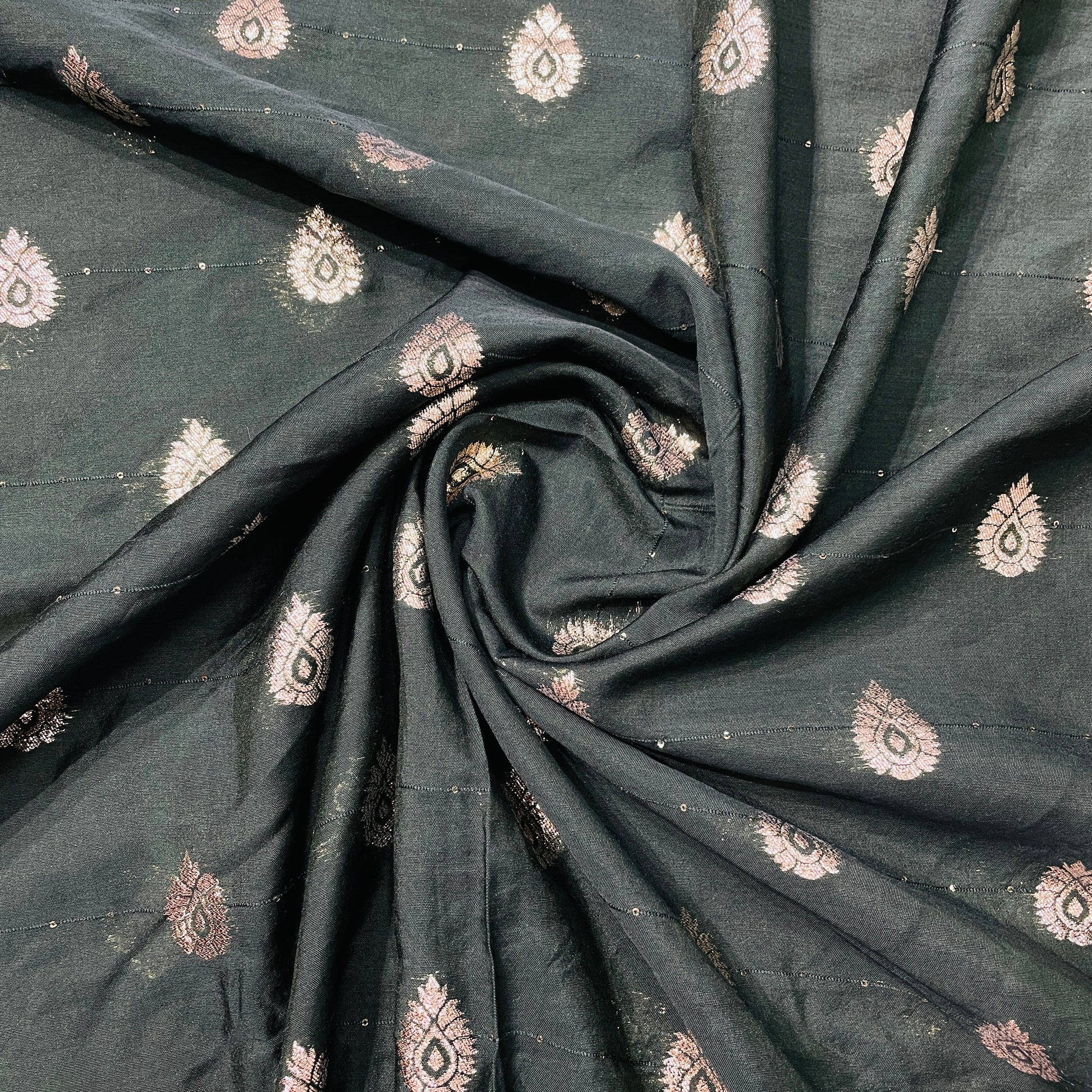 Dark Green Traditional Zari Embroidery Sequence Chanderi Fabric - TradeUNO