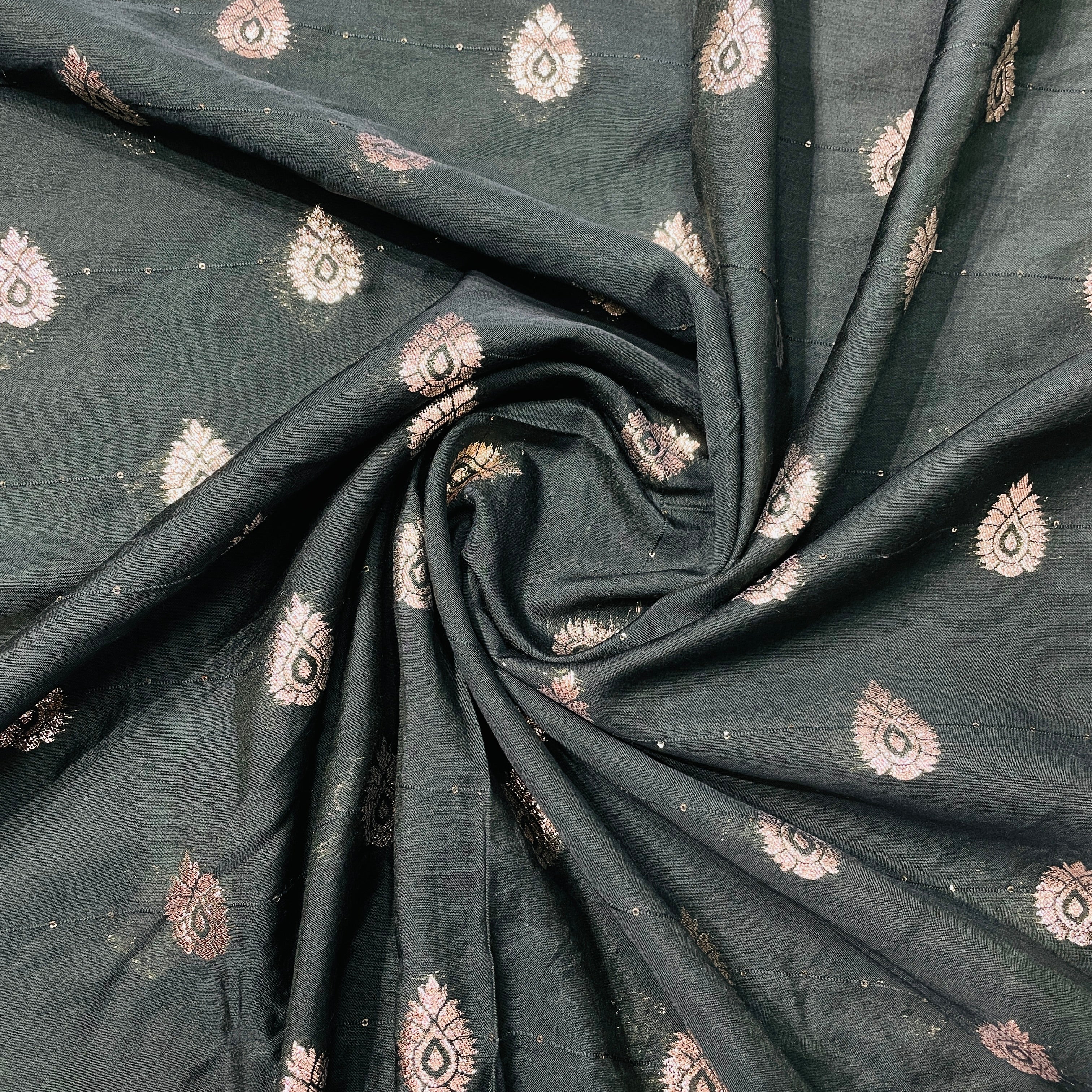 Dark Green Traditional Zari Embroidery Sequence Chanderi Fabric - TradeUNO