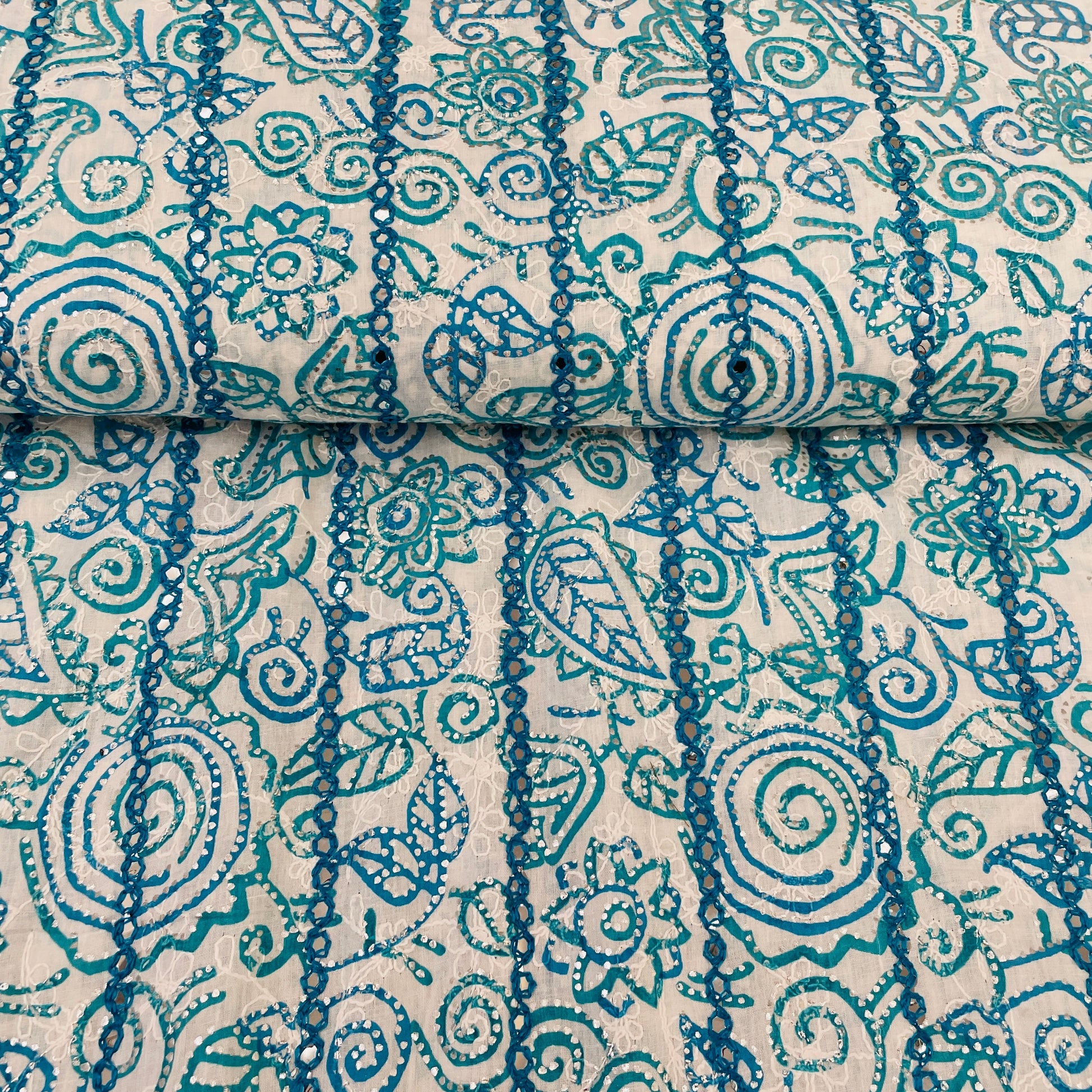 Exclusive Blue Floral Foil Sequence Embroidery Cotton Fabric