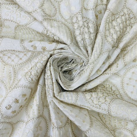 White & Golden Motifs Dyeable Embroidered Chiffon Fabric at Rs