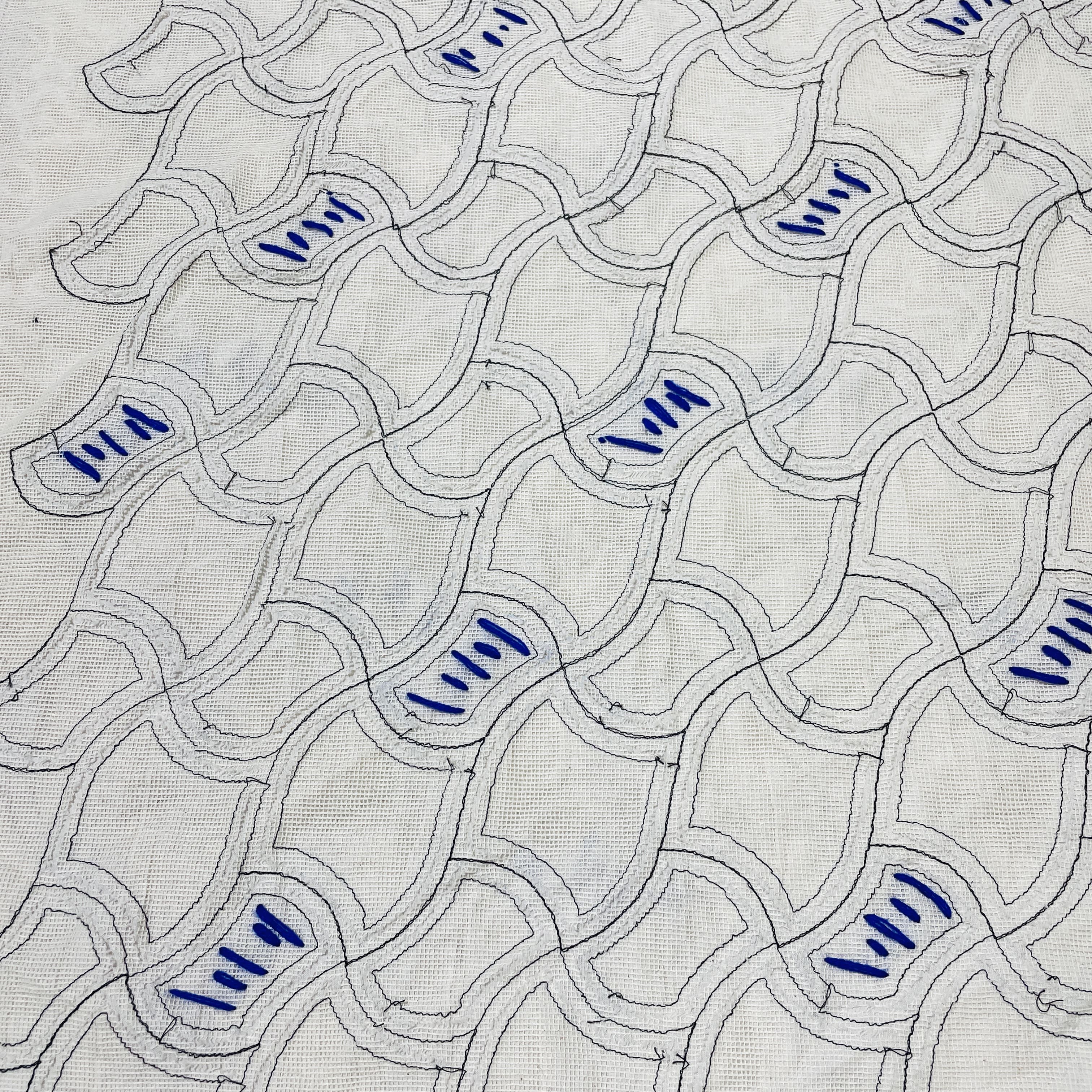 Exclusive White & Blue Double Hand Work Cotton Fabric