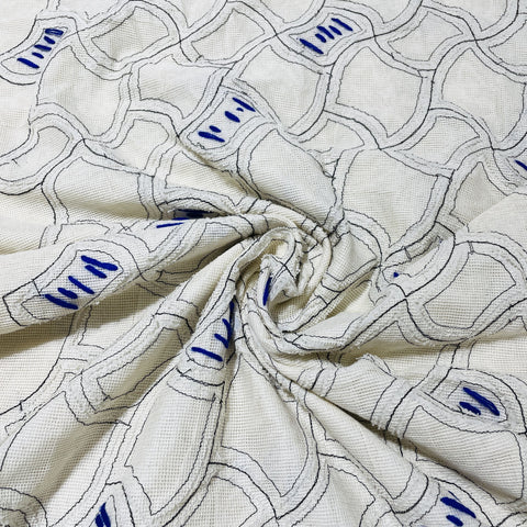 Exclusive White & Blue Double Hand Work Cotton Fabric