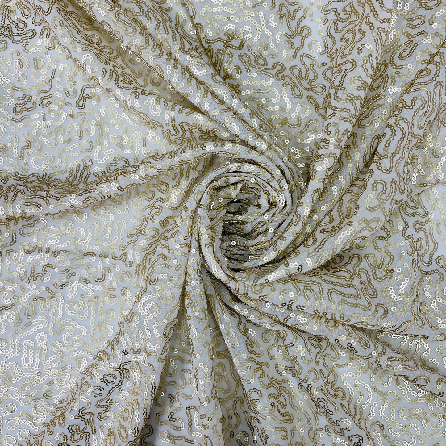White Gold Sequence Georgette Fabric - TradeUNO