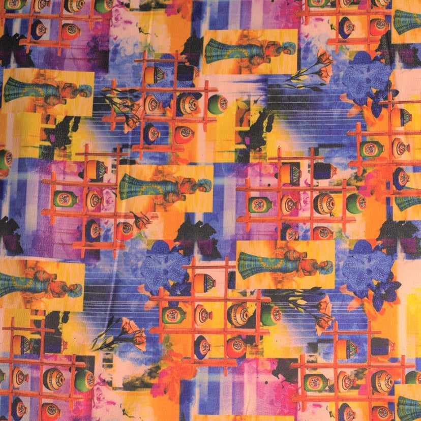 Multi Color Digital Print Golden Shimmer Satin Fabric Trade UNO