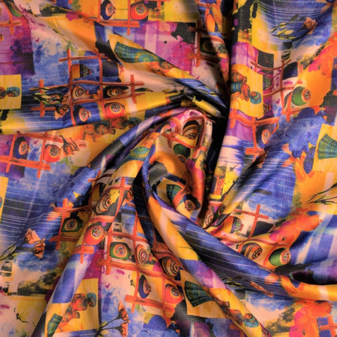 Multi Color Digital Print Golden Shimmer Satin Fabric Trade UNO