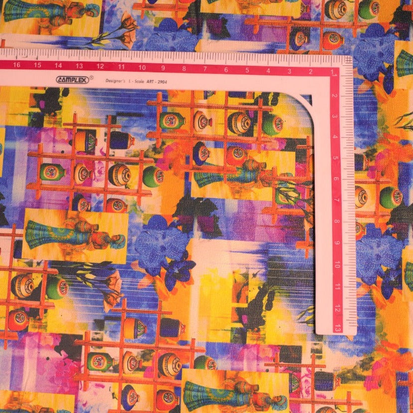 Multi Color Digital Print Golden Shimmer Satin Fabric Trade UNO