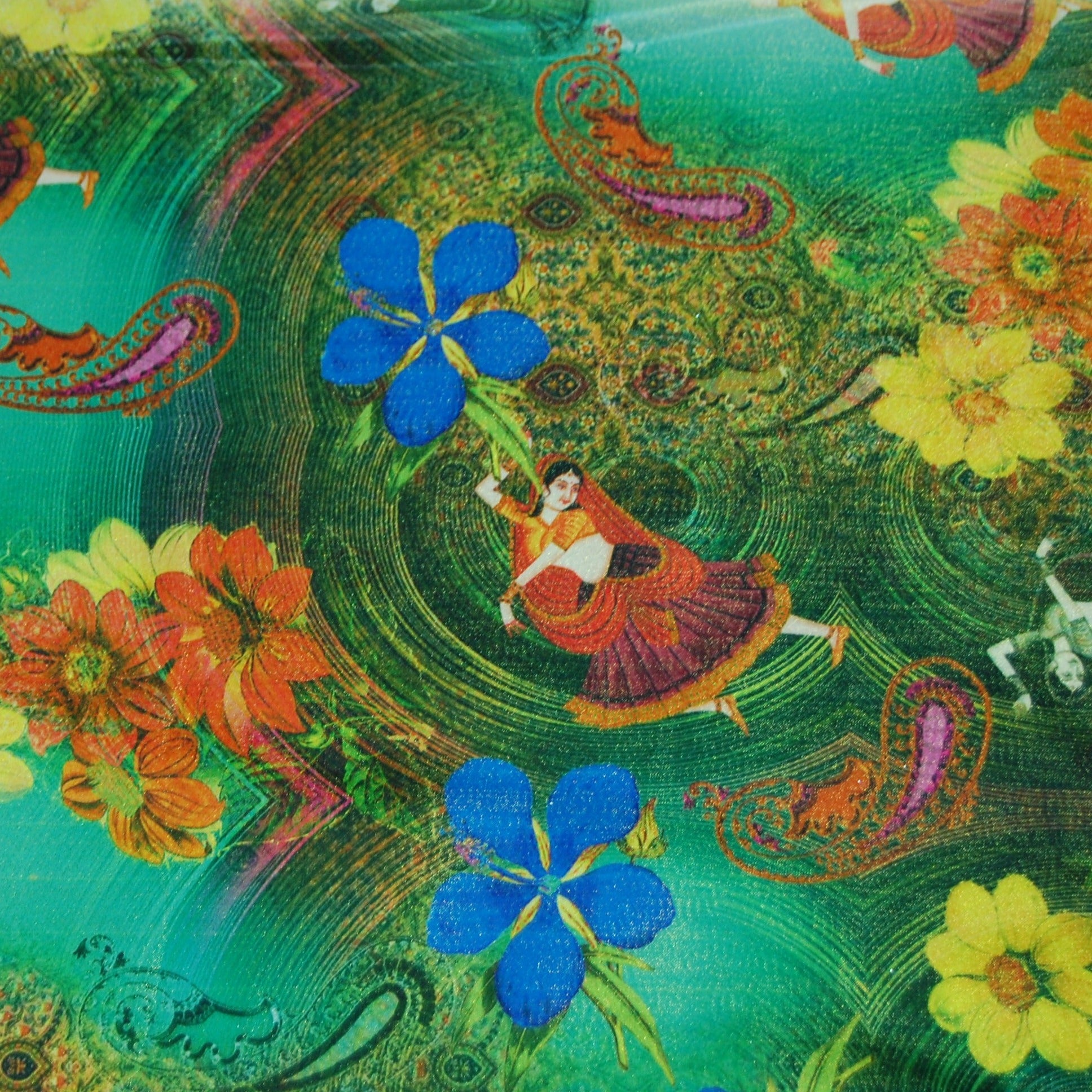 Multi Color Digital Print Golden Shimmer Satin Fabric Trade UNO