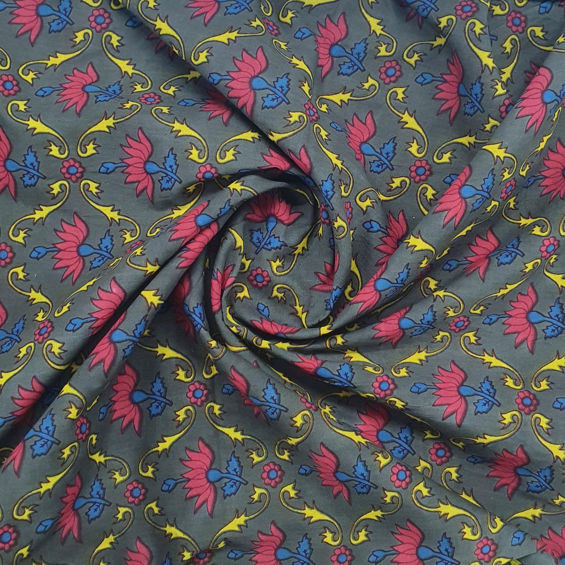 Grey & Pink Floral Print Cotton Fabric Trade UNO