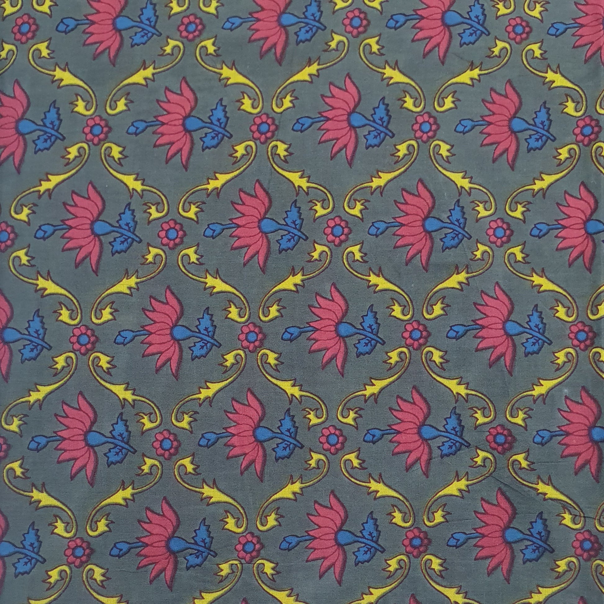 Grey & Pink Floral Print Cotton Fabric Trade UNO