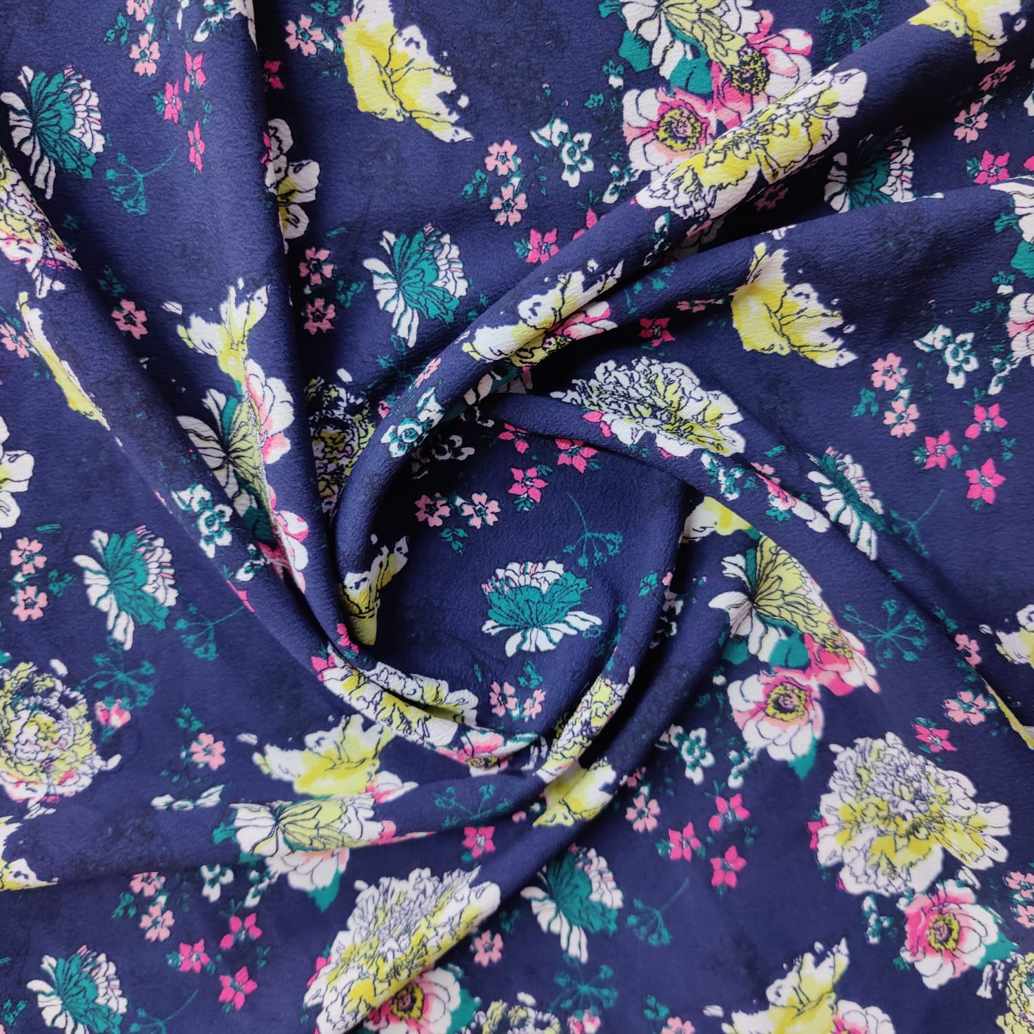 Navy Blue Floral Print Crepe Fabric 
