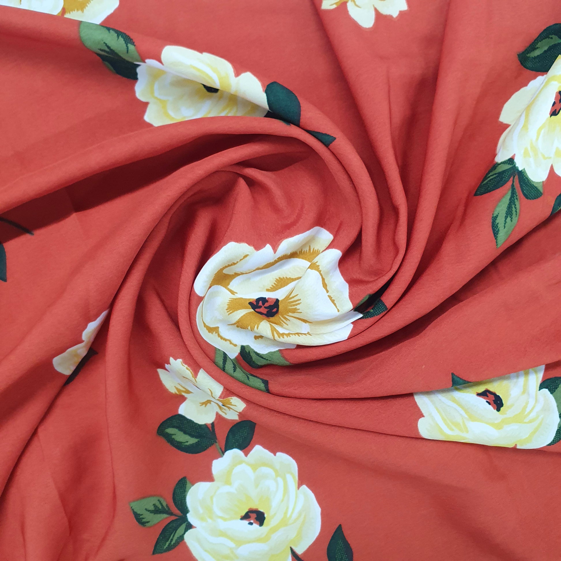 Orange Floral Print Poly Rayon Fabric Trade UNO