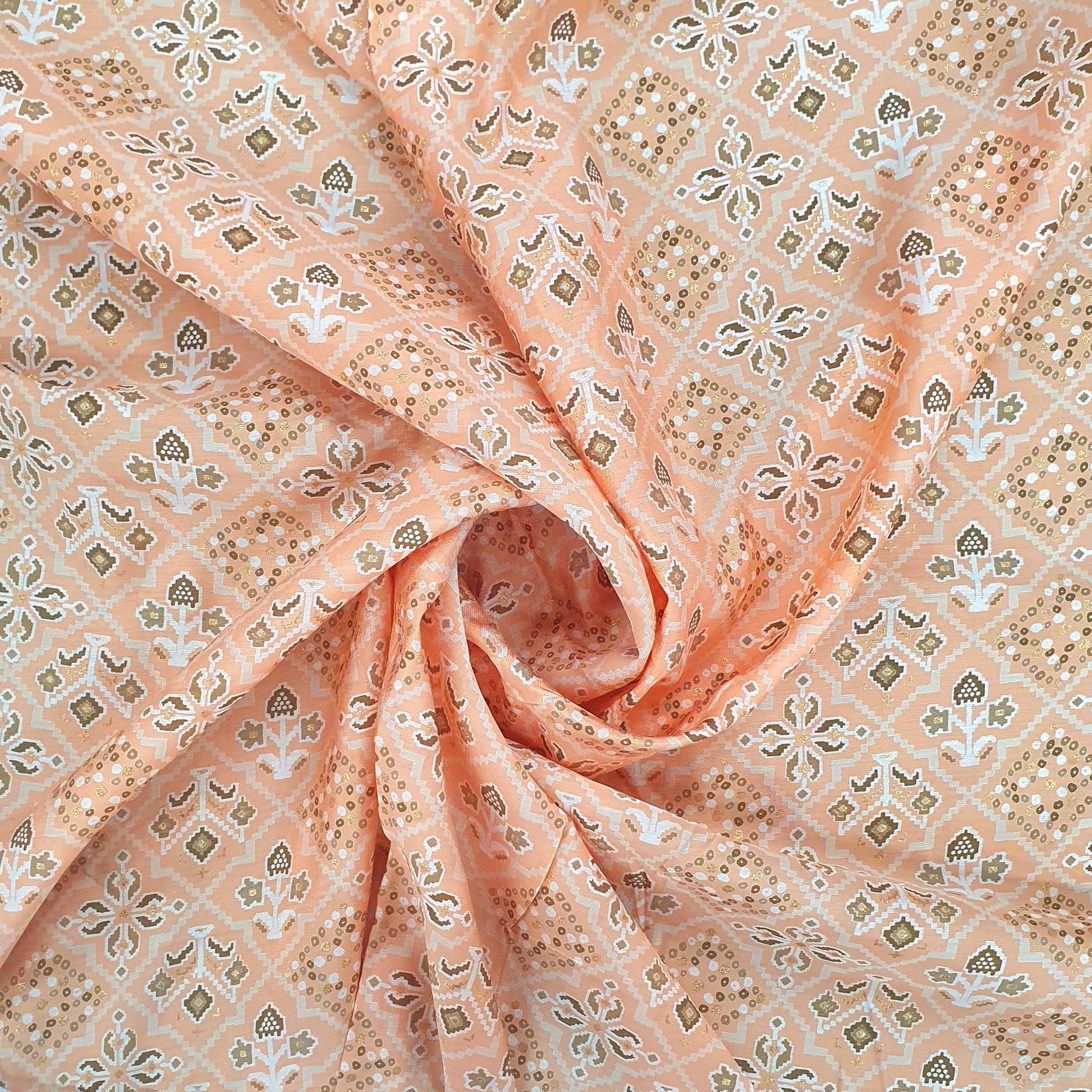 Orange Traditional With Foil Print Rayon Fabric Trade UNO