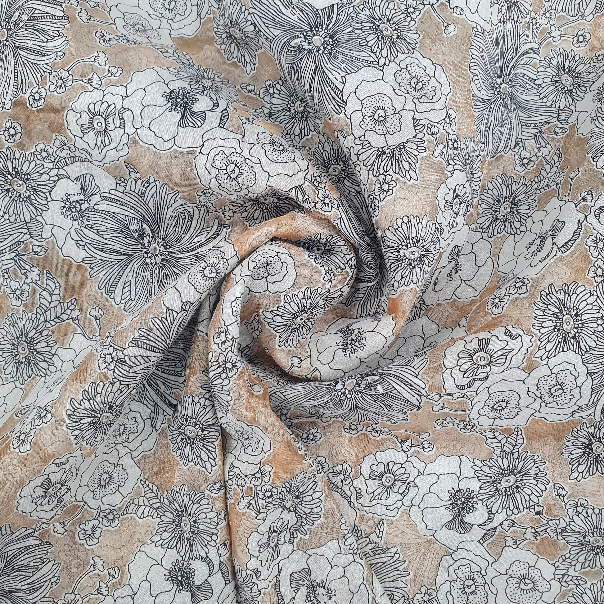 Peach & White Floral Print Organza Fabric Trade UNO