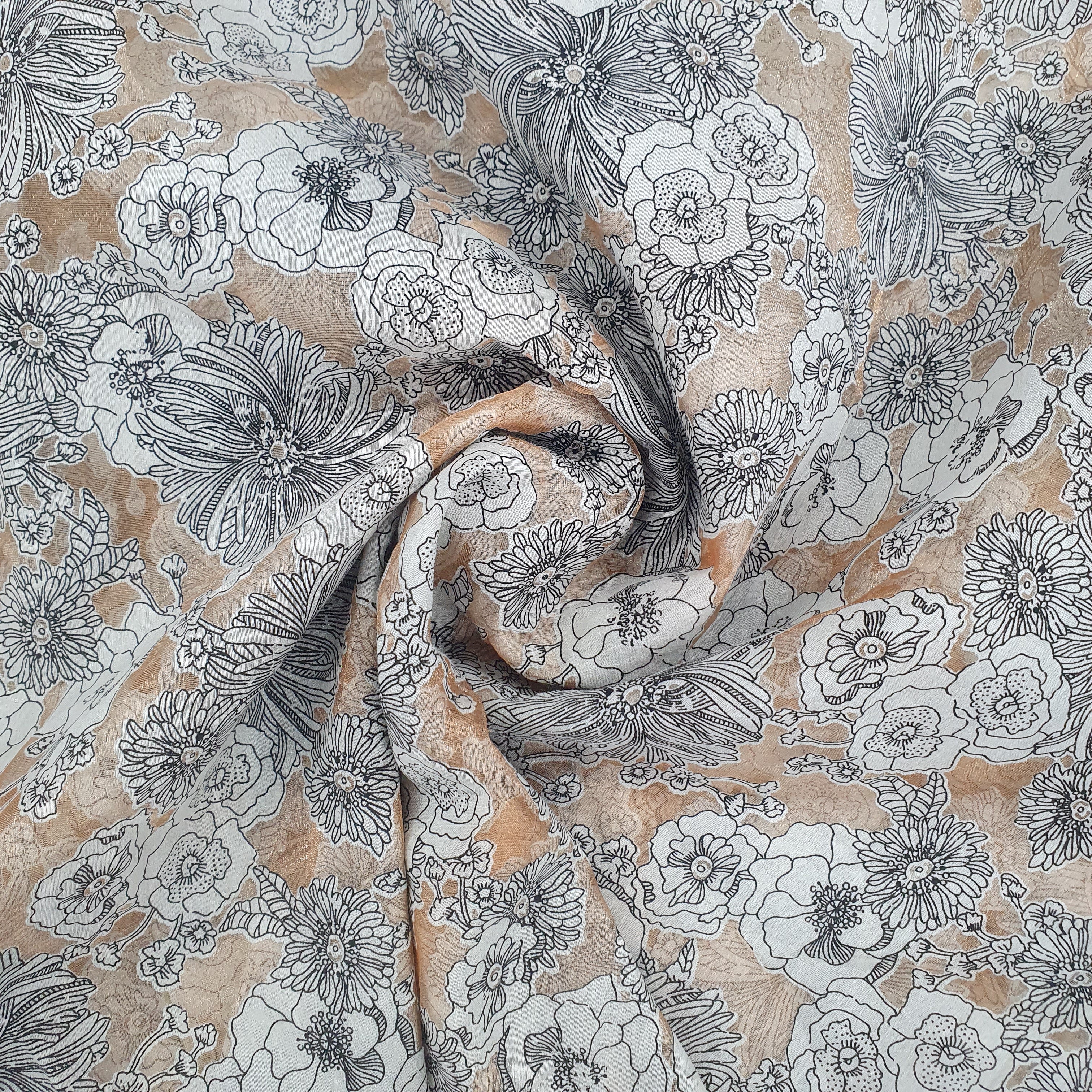 Peach & White Floral Print Organza Fabric Trade UNO