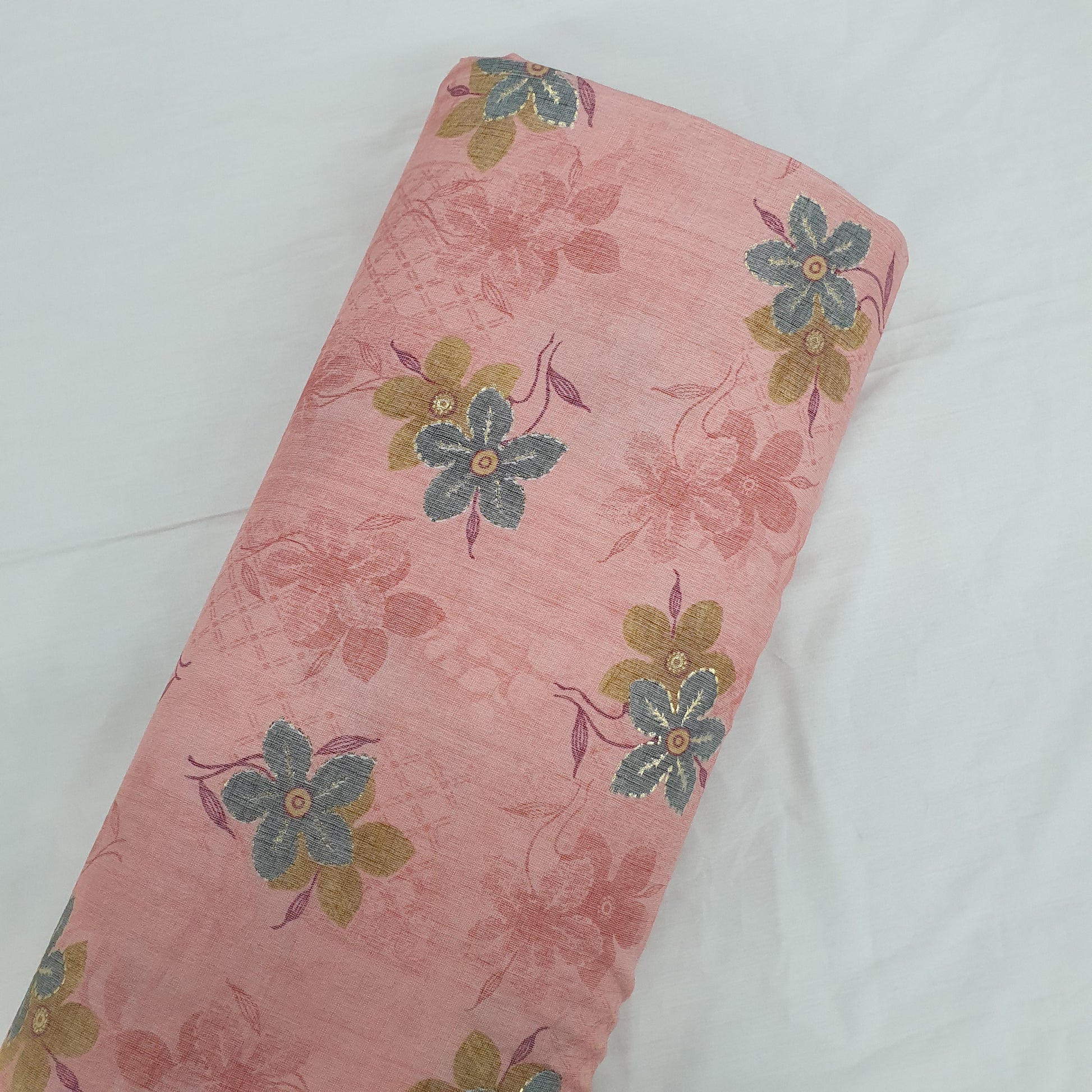 Pink Floral With Foil Print Cotton Slub Fabric Trade UNO