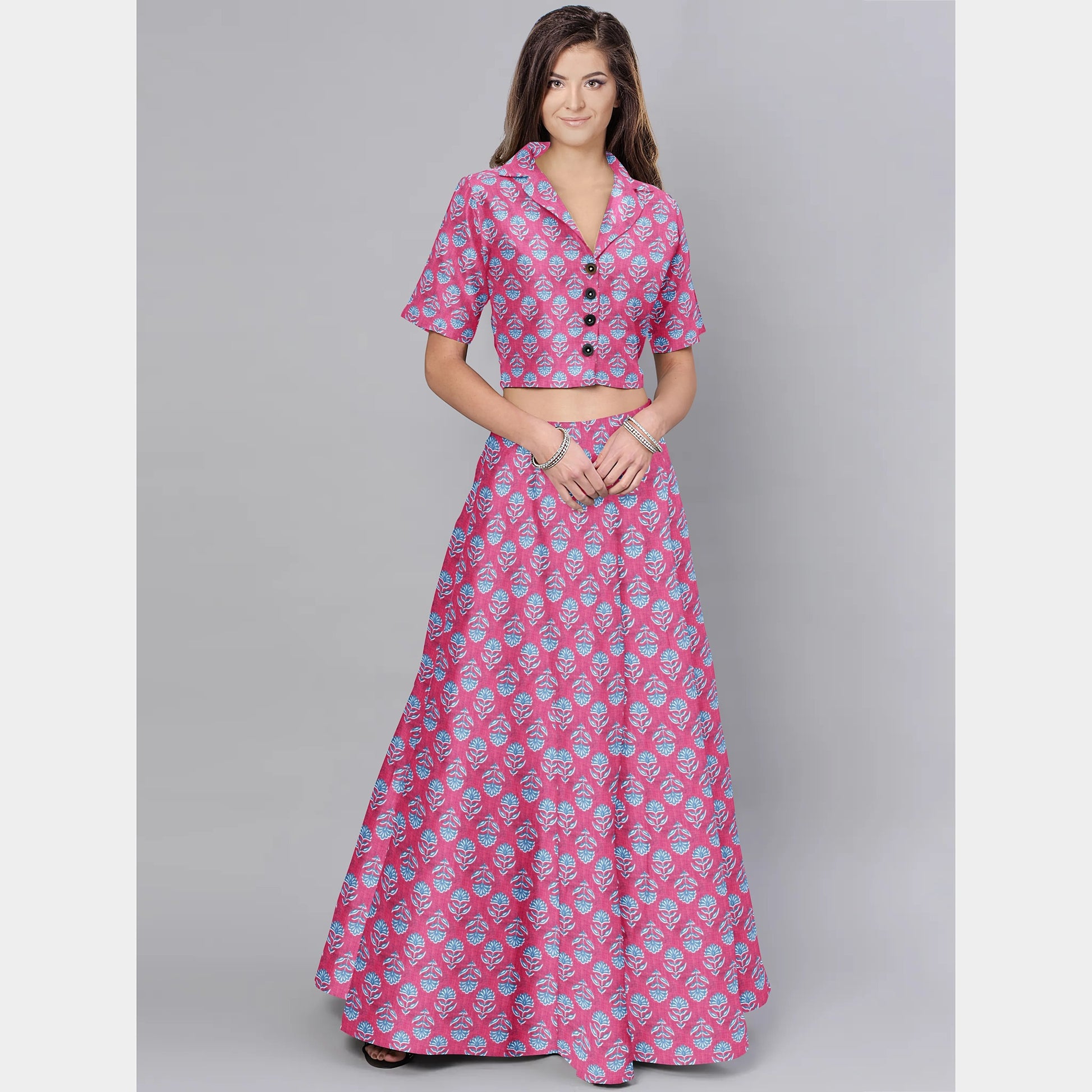 Pink Floral With Hand Block Print Cotton Fabric Trade UNO