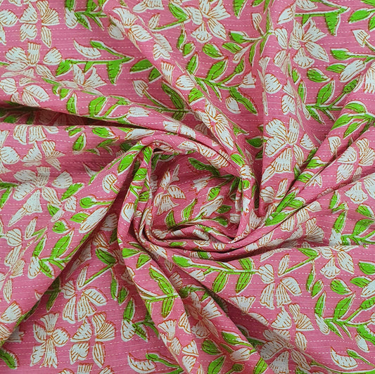 Pink & Green Floral Print With Kantha Cotton Fabric Trade UNO