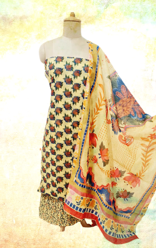 Yellow & Multicolor Floral Print Chanderi Suit Set With Dupatta