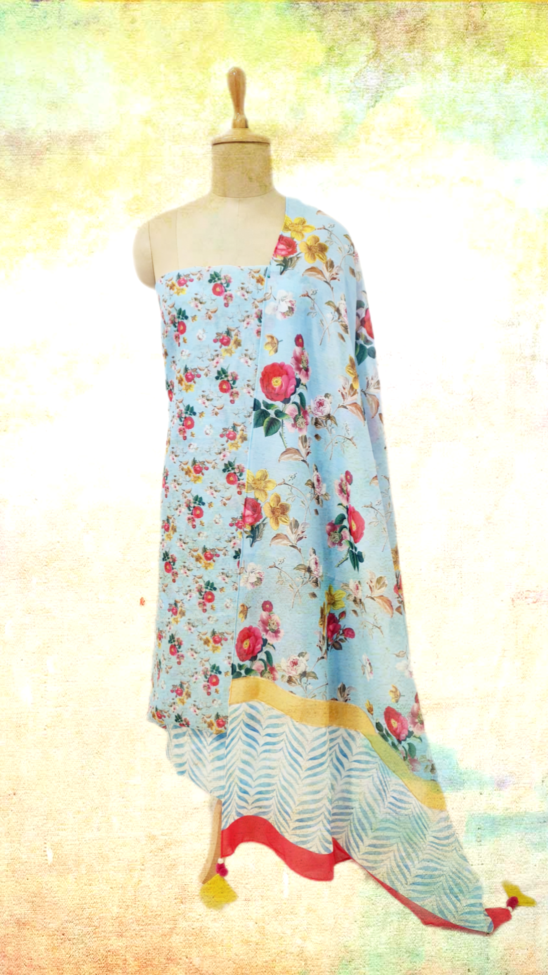 Sky Blue Floral Print Chanderi Suit Set With Dupatta - TradeUNO