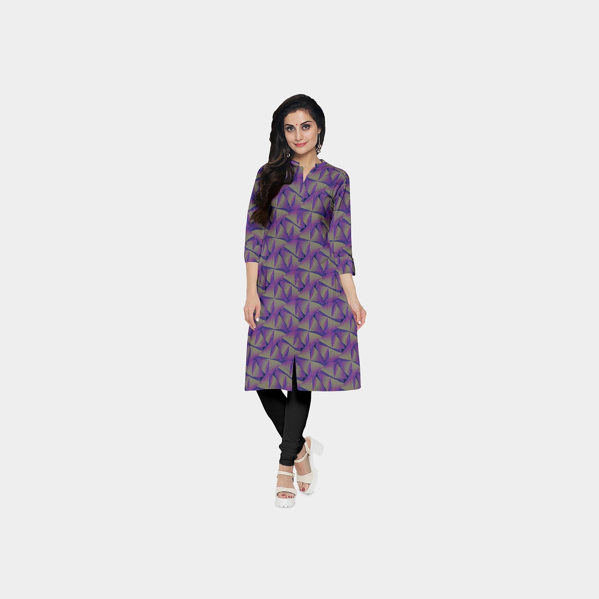 Purple & Yellow Geometrical Print Viscose Dobby Fabric - TradeUNO