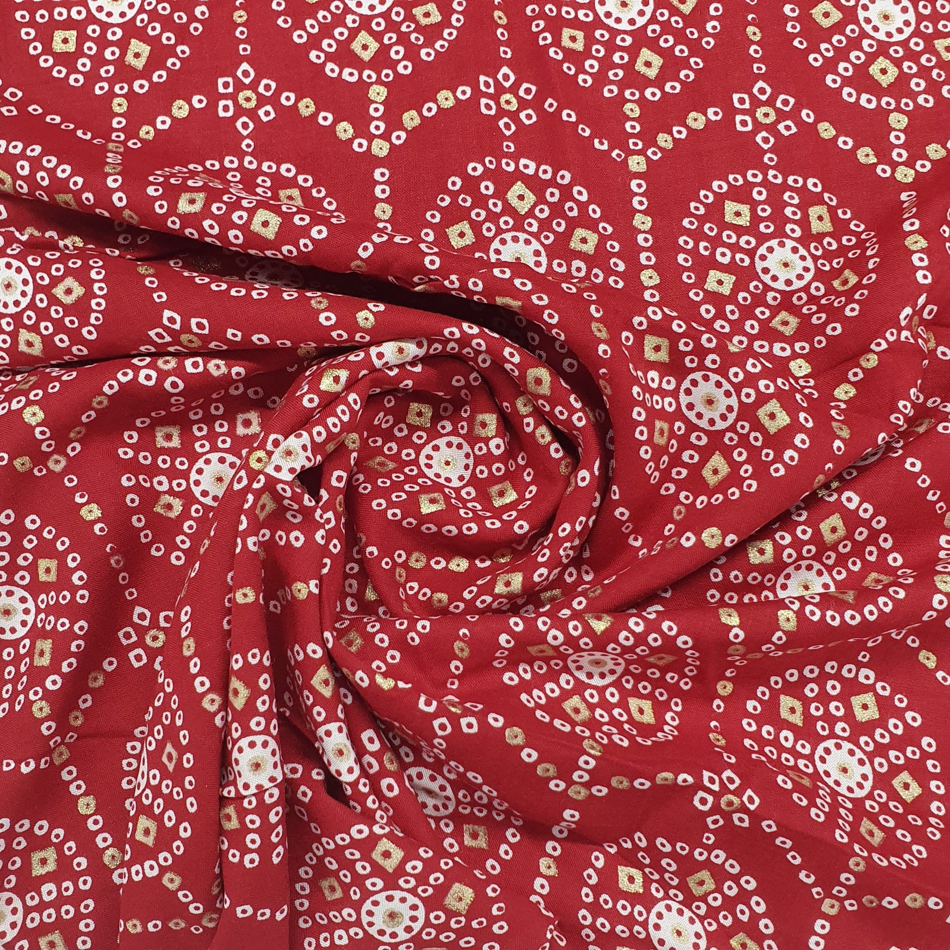 Red Bandhani With Foil Print Rayon Fabric Plain Weave 46 Inches 