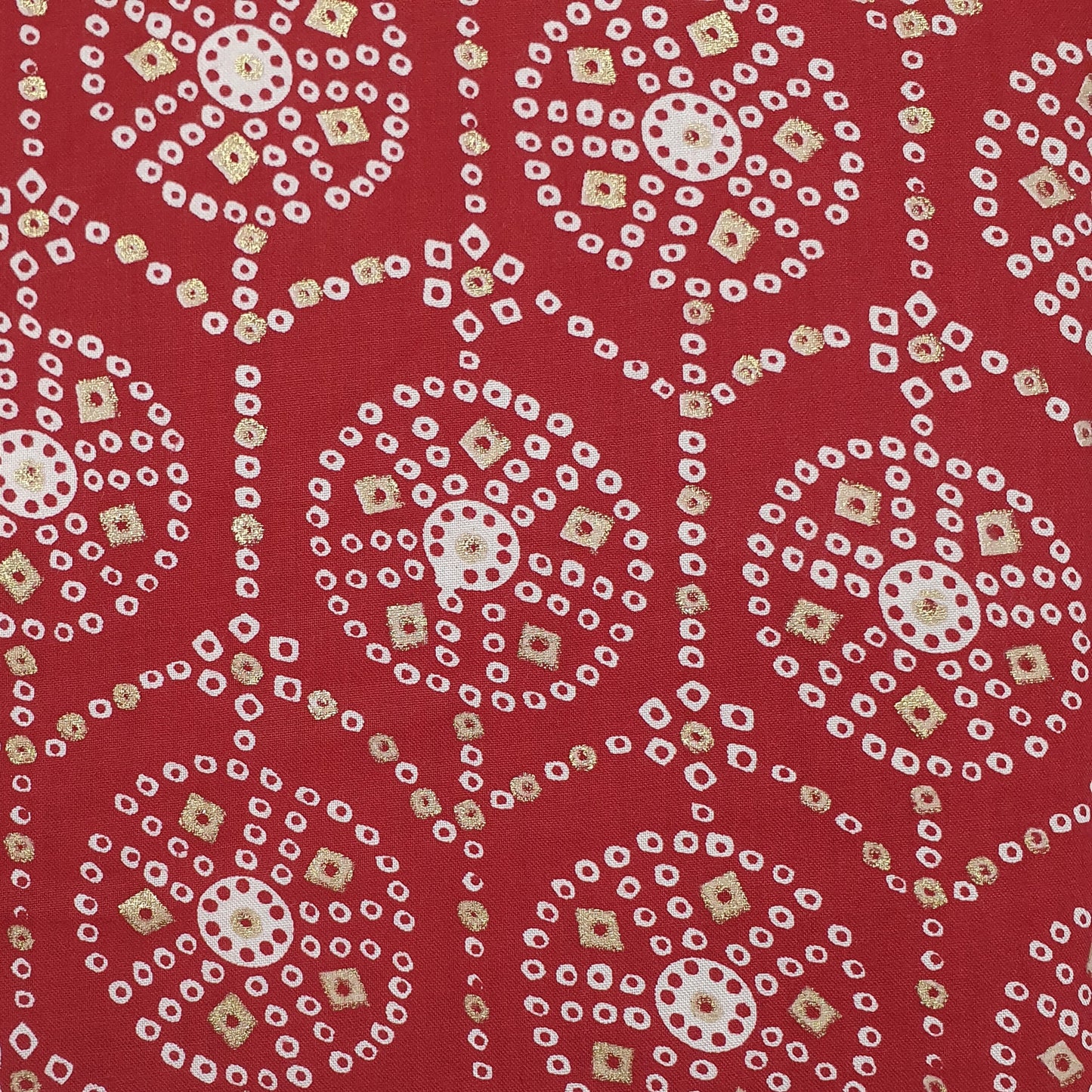 Red Bandhani With Foil Print Rayon Fabric Plain Weave 46 Inches 