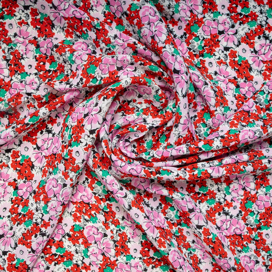 Red & Pink Ditsy Floral Print Moss Crepe Fabric Trade UNO