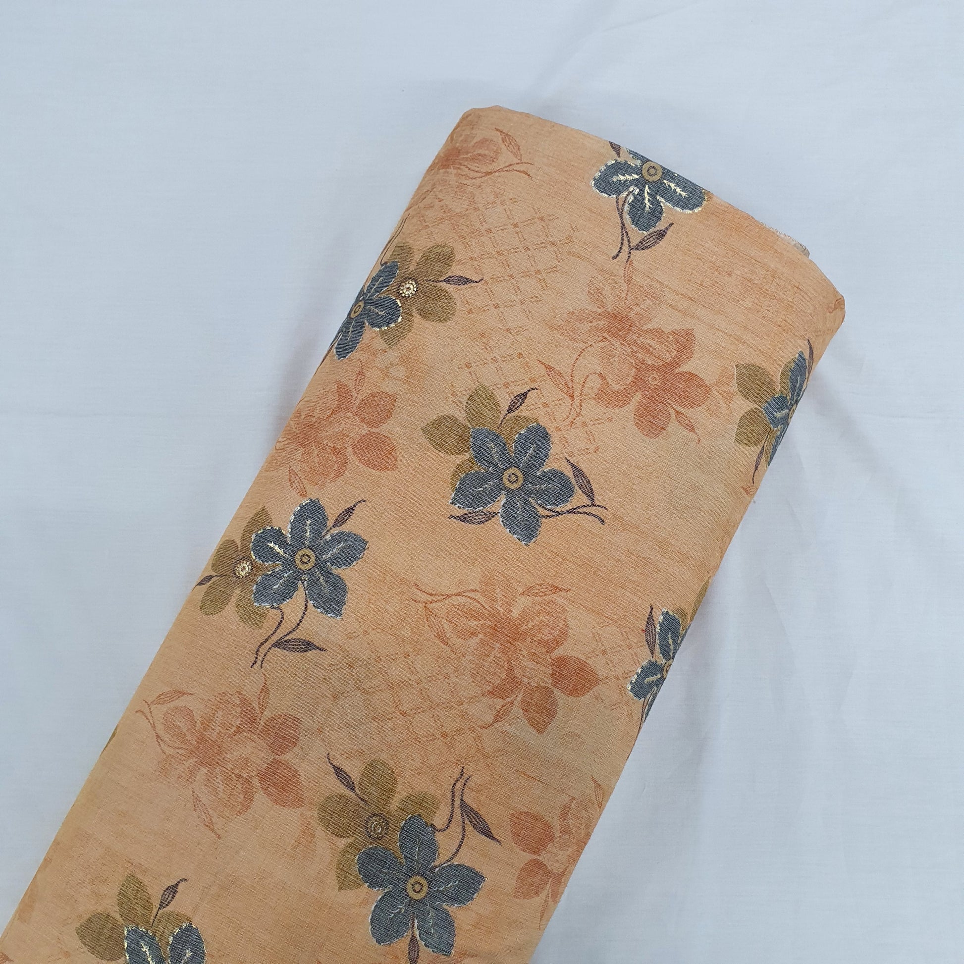 Rust Orange Floral With Foil Print Cotton Slub Fabric Trade UNO