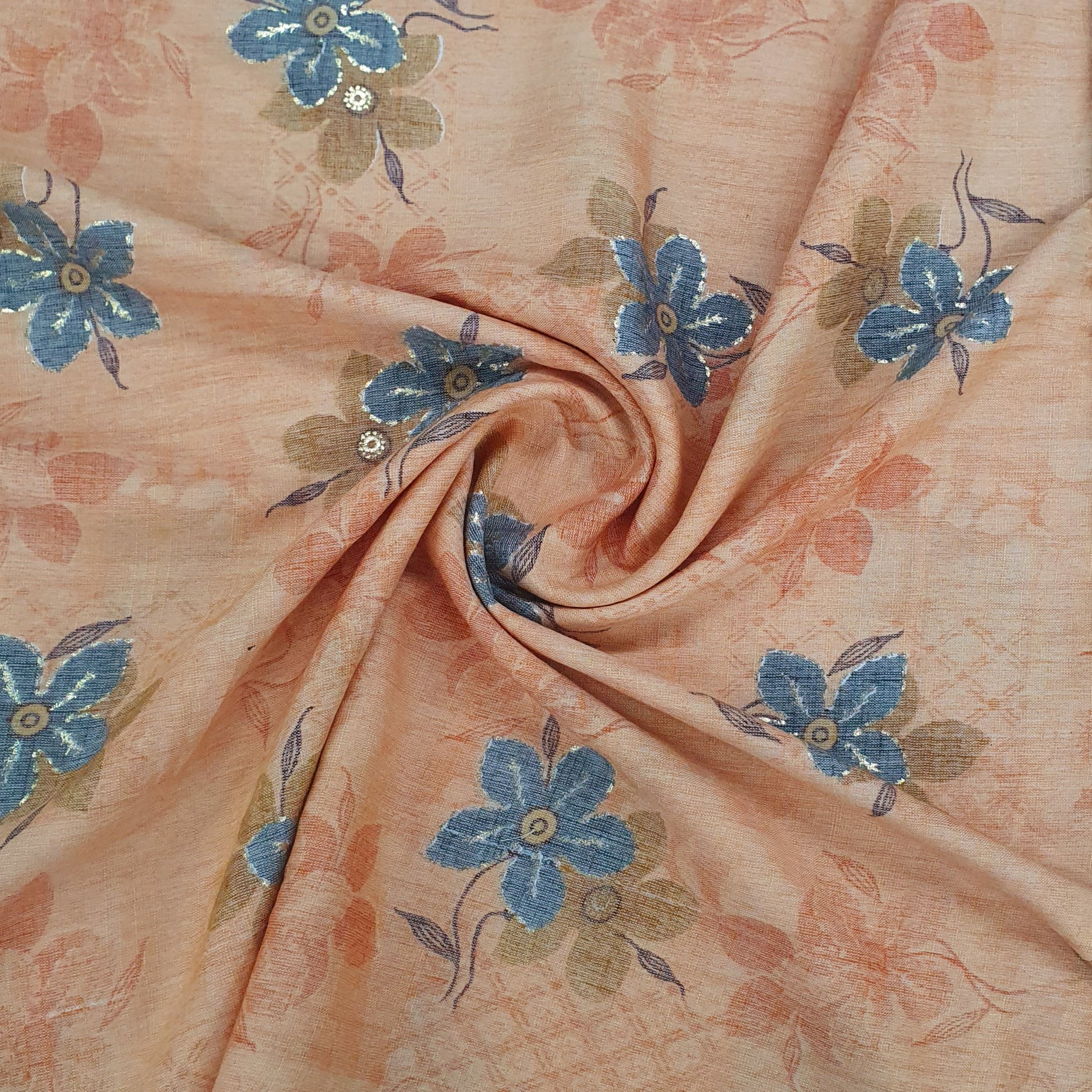 Rust Orange Floral With Foil Print Cotton Slub Fabric Trade UNO