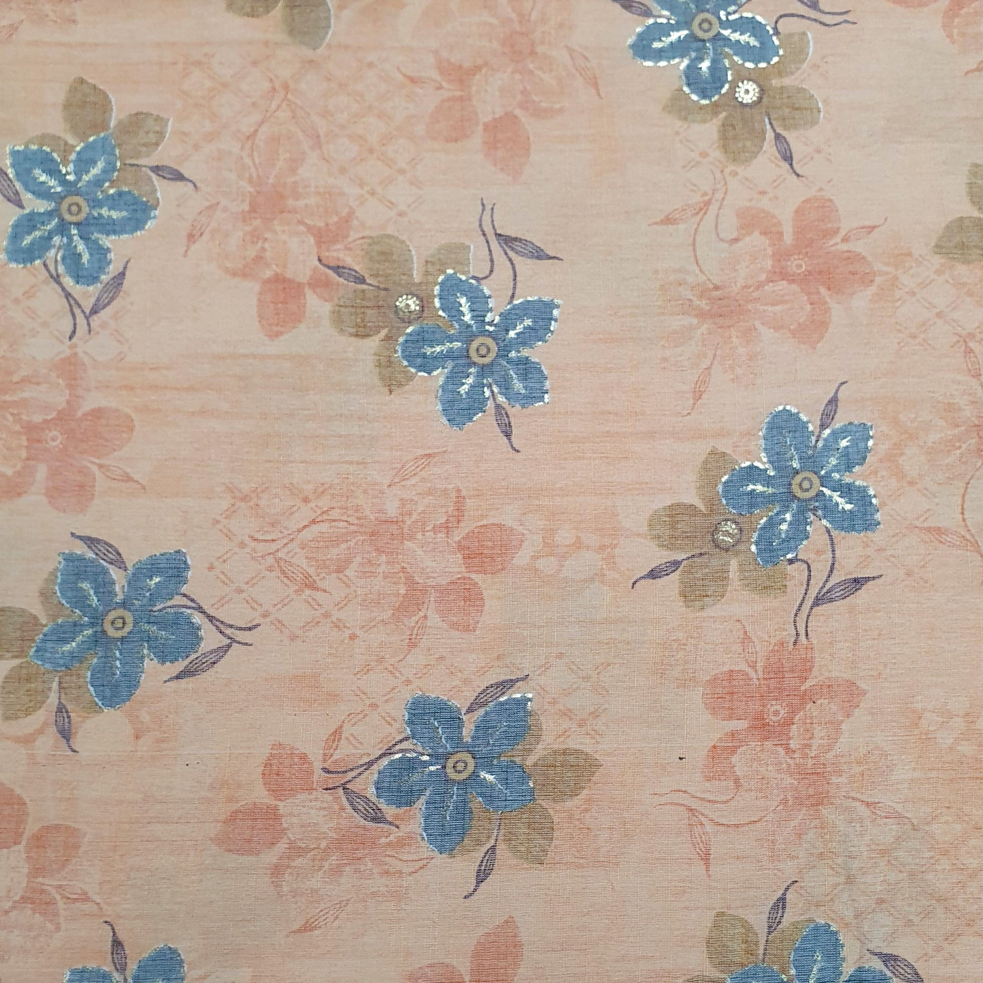 Rust Orange Floral With Foil Print Cotton Slub Fabric Trade UNO