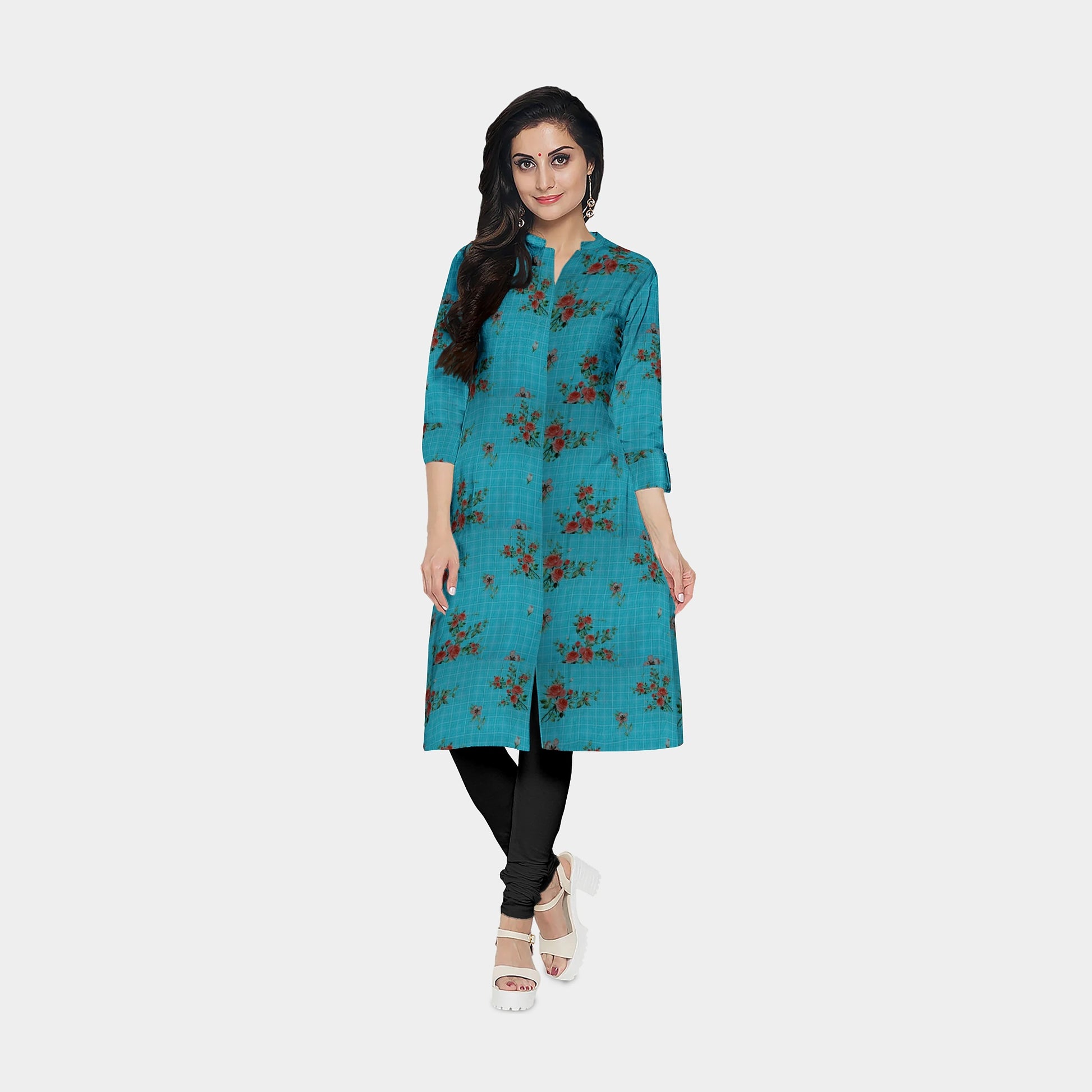 Sea Green Check Floral Print Viscose Dobby Fabric - TradeUNO