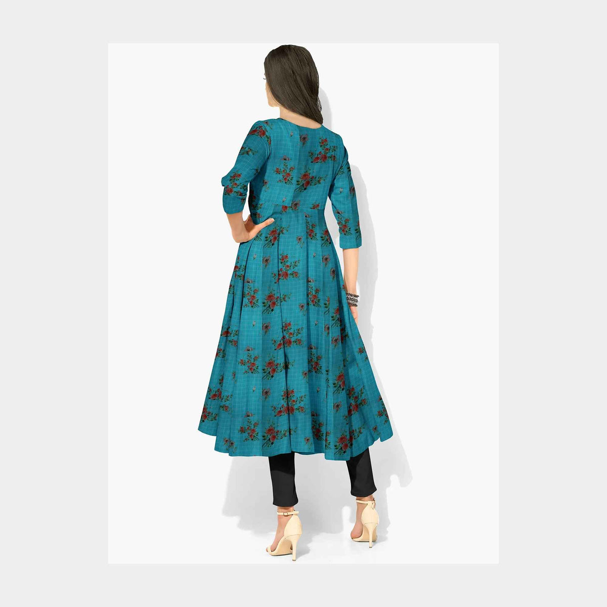 Sea Green Check Floral Print Viscose Dobby Fabric