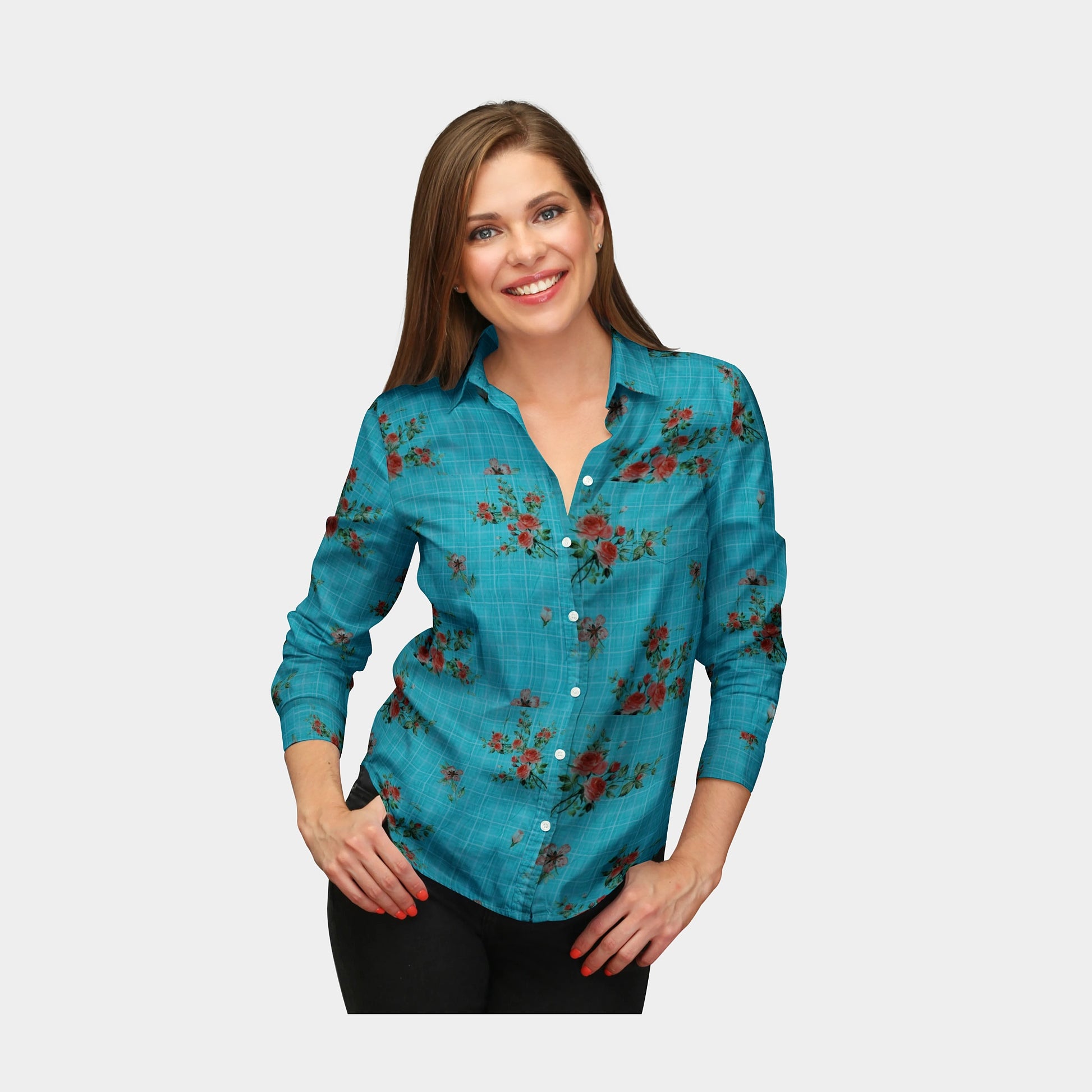Sea Green Check Floral Print Viscose Dobby Fabric - TradeUNO