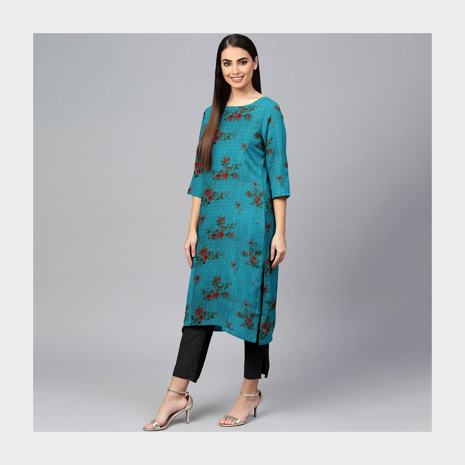 Sea Green Check Floral Print Viscose Dobby Fabric - TradeUNO