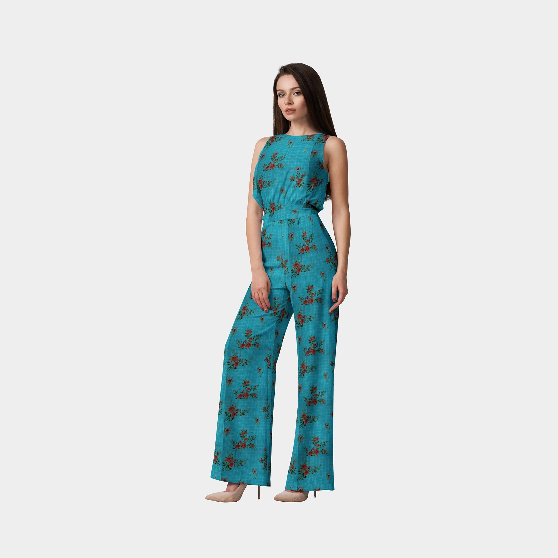 Sea Green Check Floral Print Viscose Dobby Fabric - TradeUNO