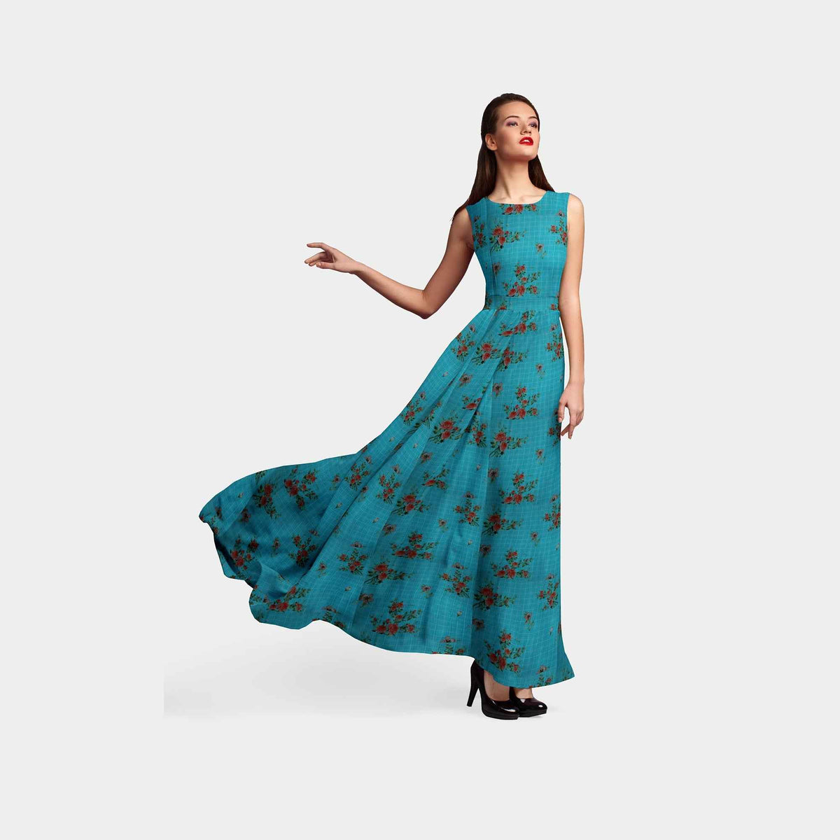 Sea Green Check Floral Print Viscose Dobby Fabric