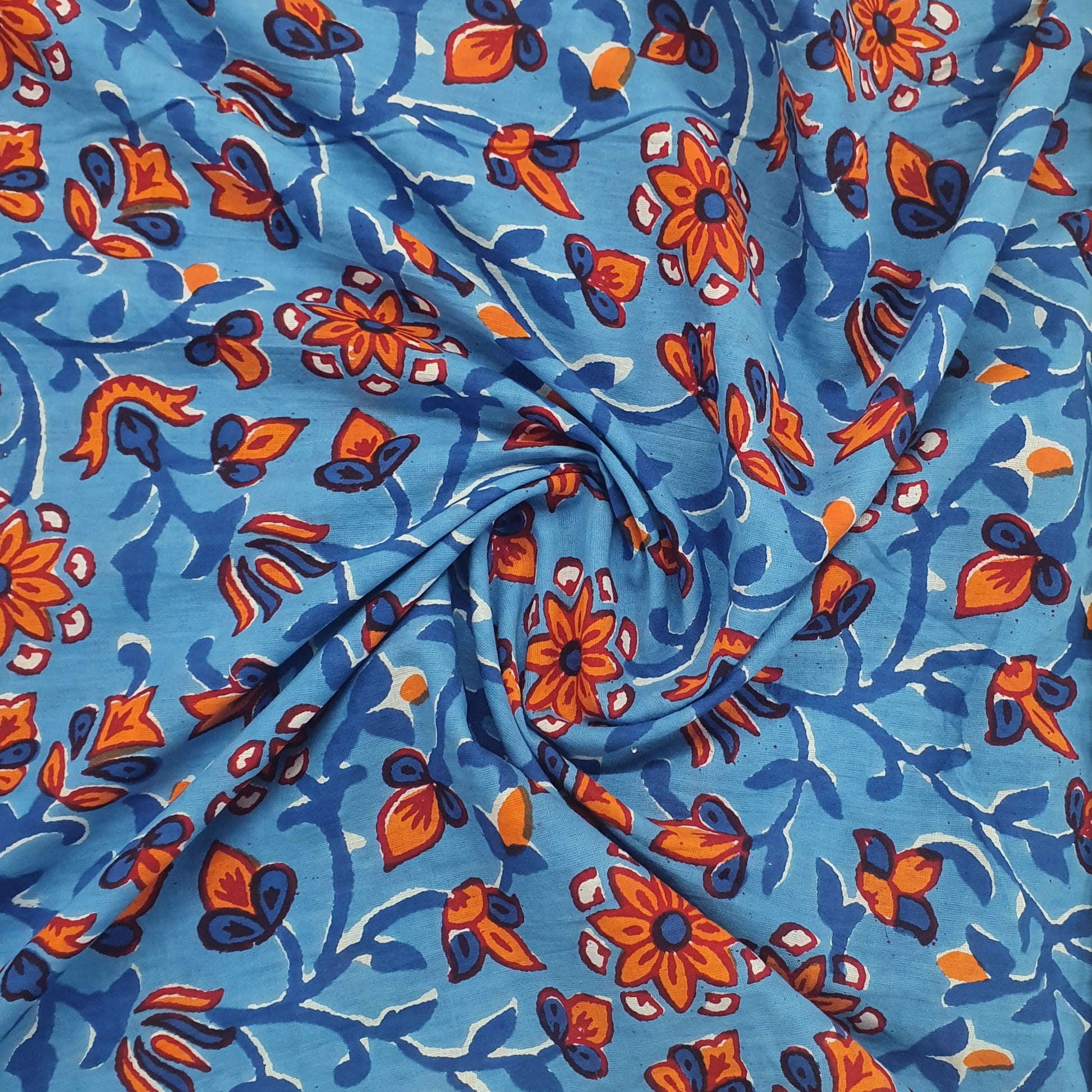 Blue Floral Print Cotton Fabric Trade UNO
