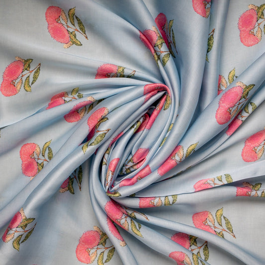 Blue & Pink Floral Print Satin Bemberg Fabric Trade UNO