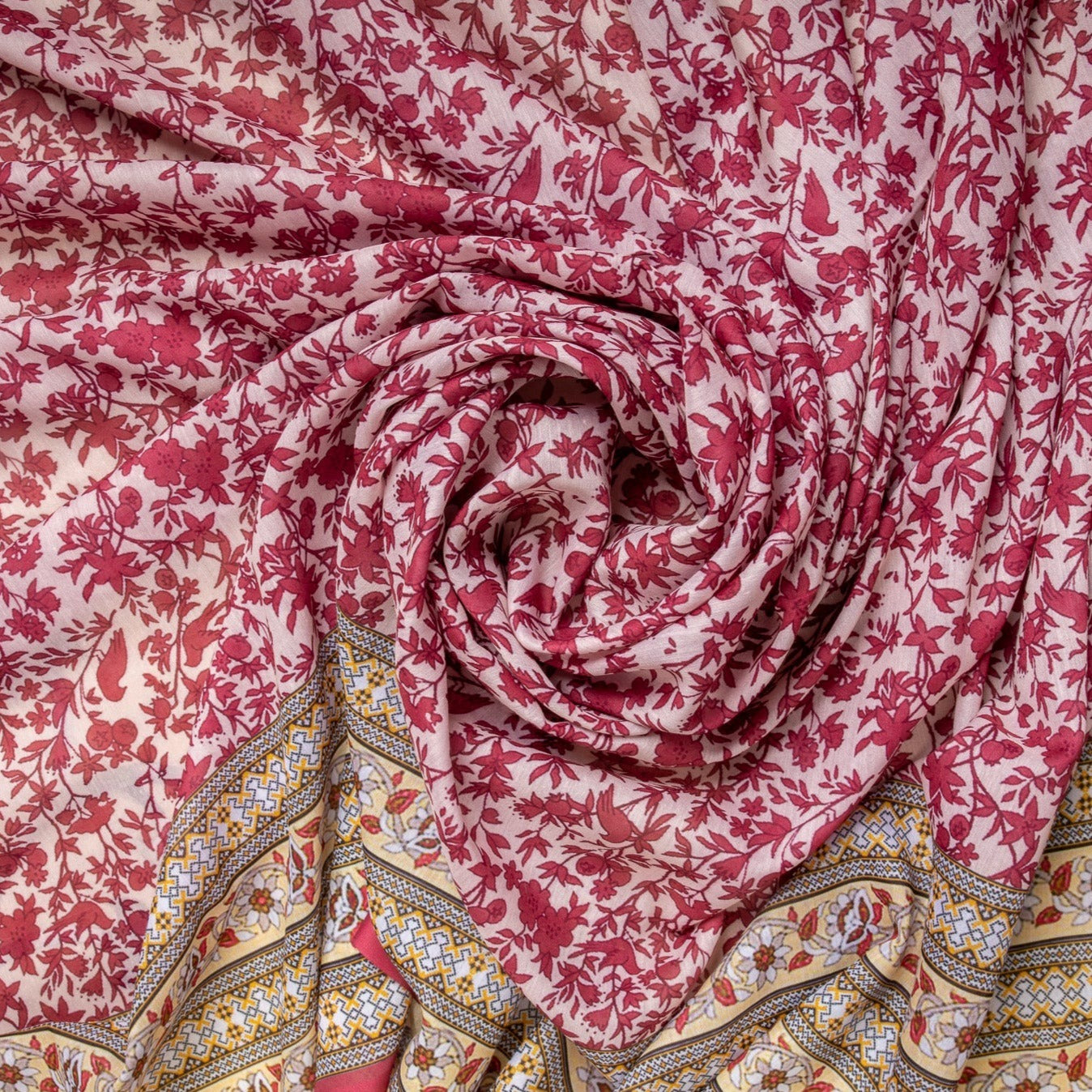 Maroon & Pink Floral Print Viscose Voile Fabric Trade Uno