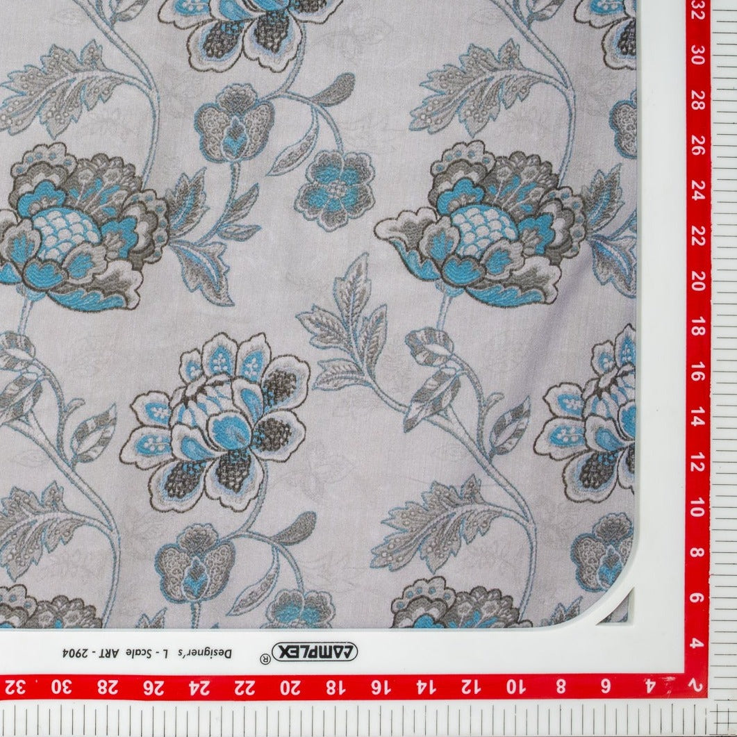 Grey & Blue Floral Print Viscose Voile Fabric Trade Uno
