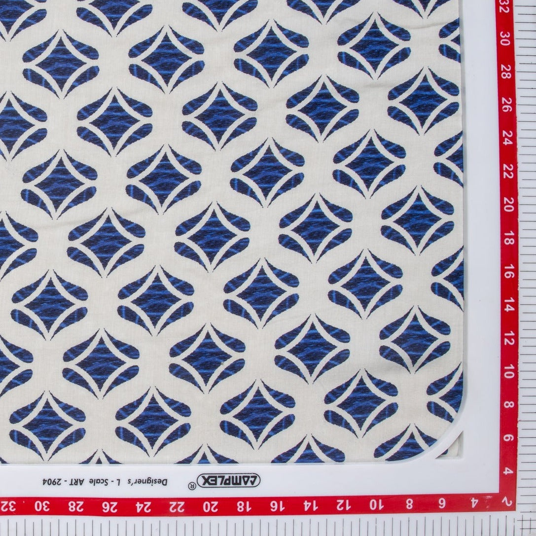 White & Blue Geometrical Print Russian Silk Fabric Trade UNO