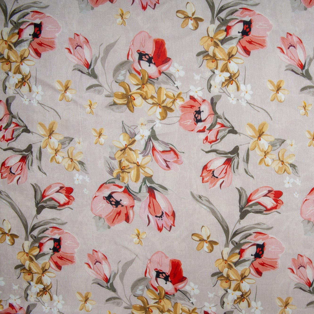 Cream Floral Print Russian Silk Fabric Trade UNO