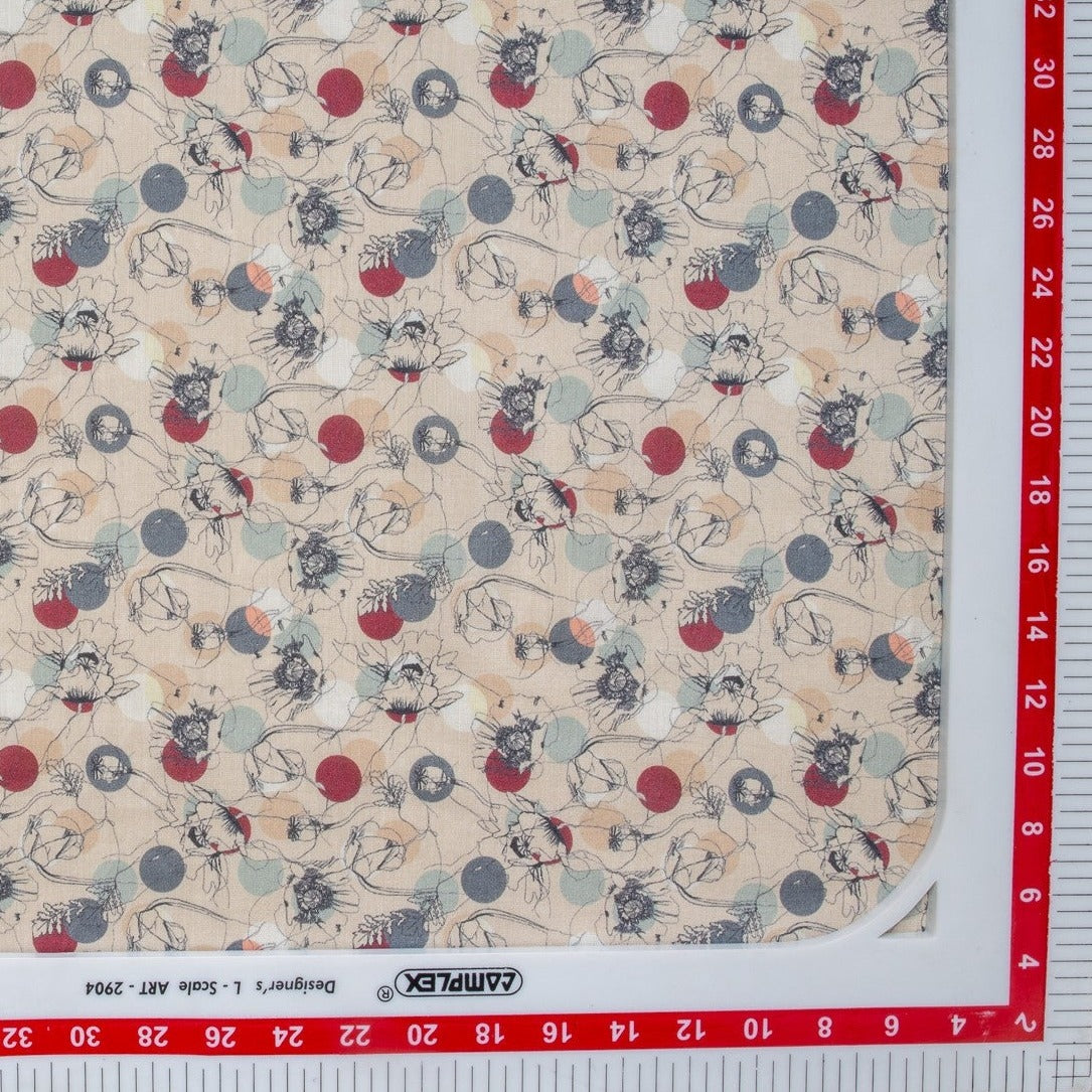 Beige Floral Print Russian Silk Fabric Trade UNO