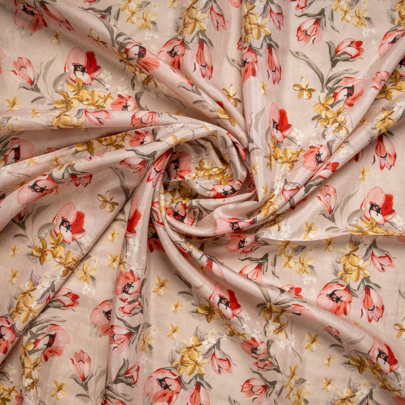 Peach Floral Print Russian Silk Fabric Trade UNO