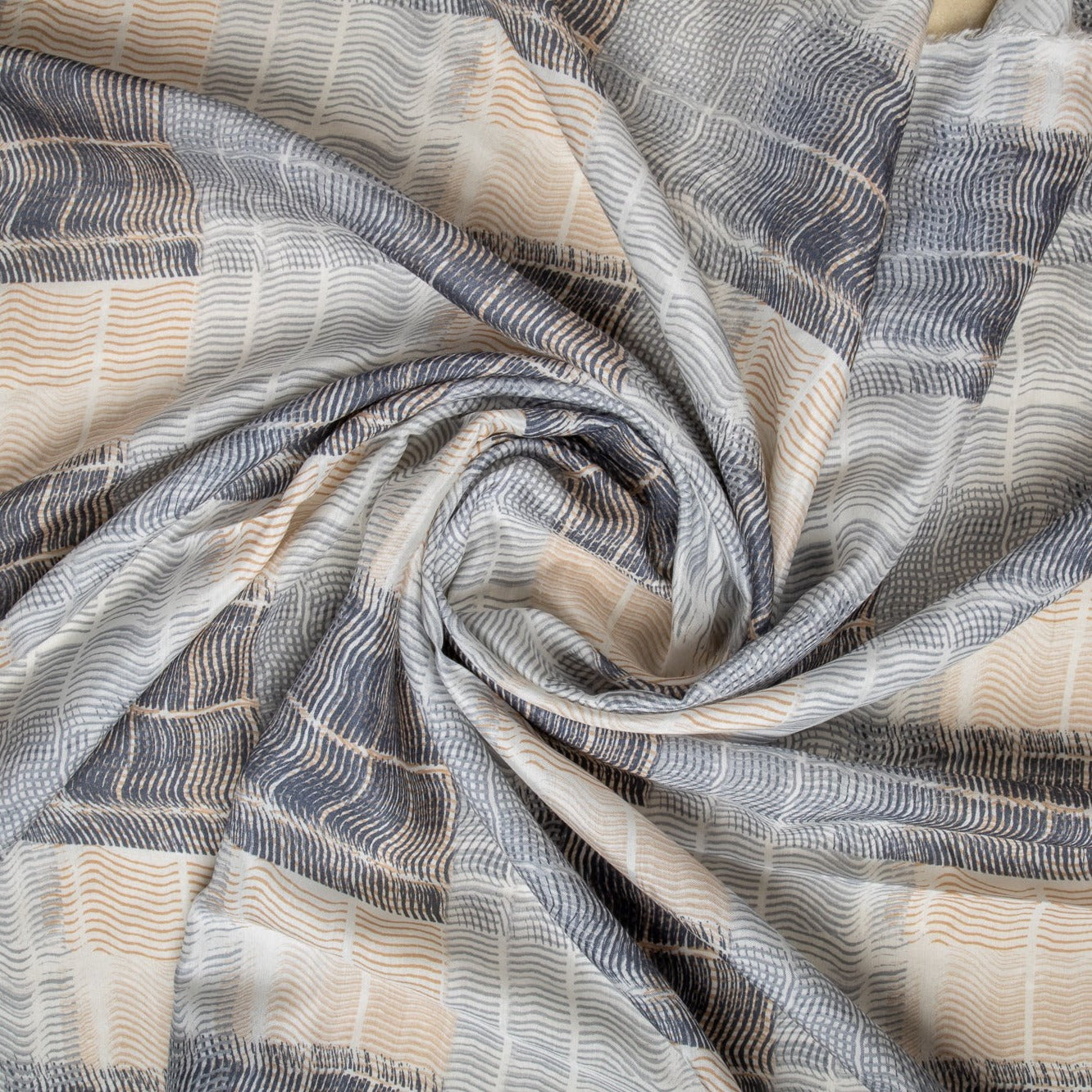 White & Grey Geometrical Print Russian Silk Fabric Trade UNO