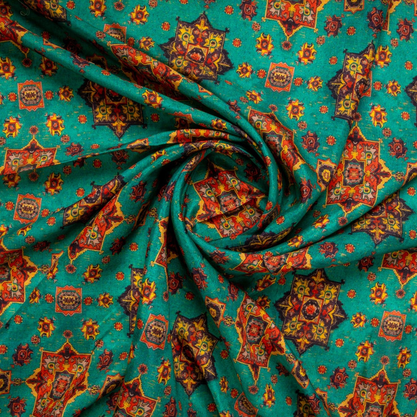 Green Traditional Print Russian Silk Fabric Trade UNO