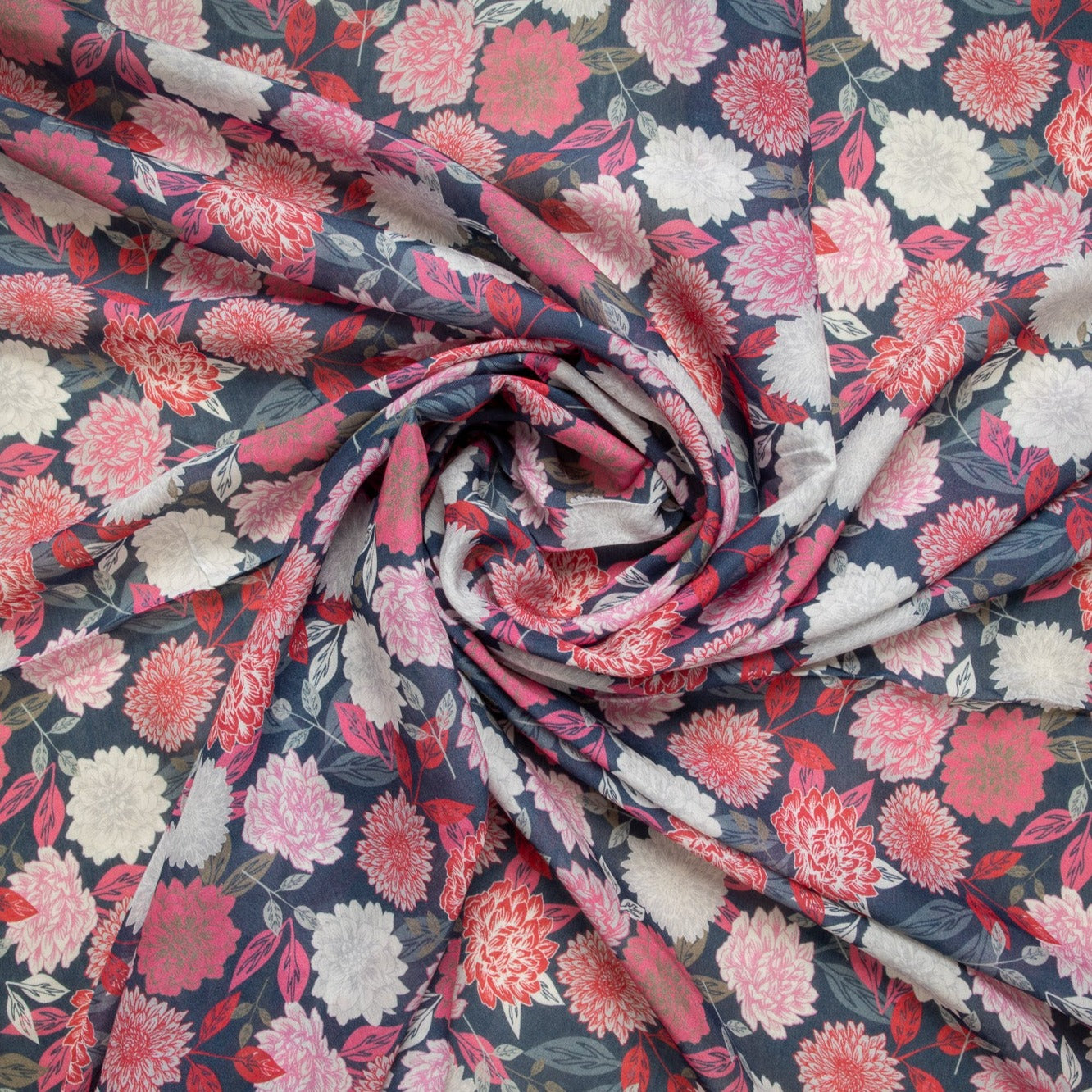 Grey & Pink Floral Print Russian Silk Fabric Trade UNO