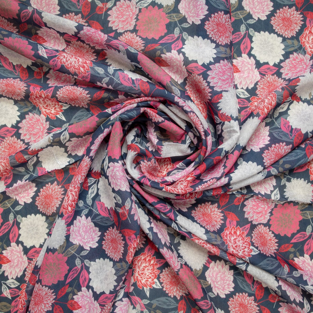 Grey & Pink Floral Print Russian Silk Fabric Trade UNO