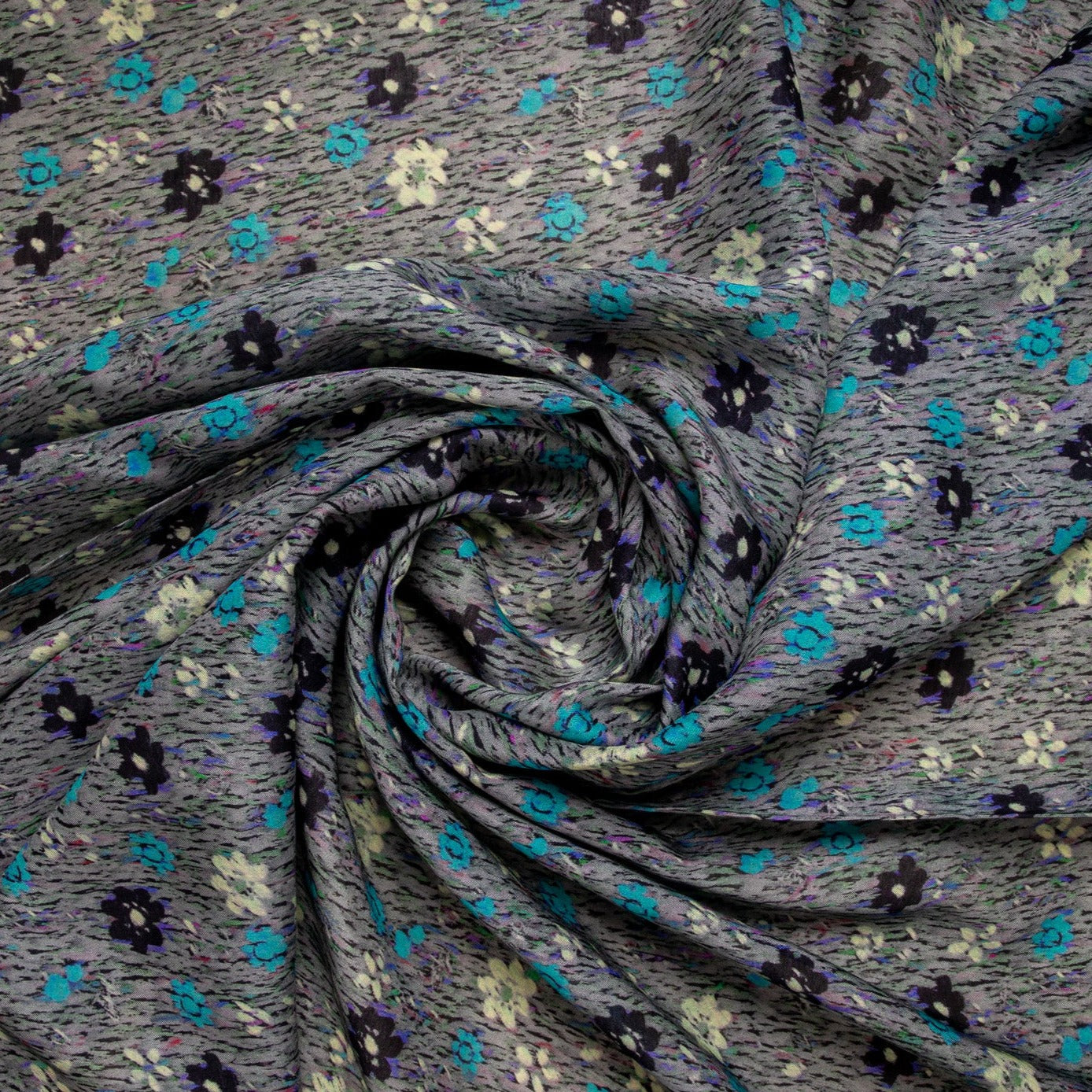 Grey Floral Print Russian Silk Fabric Trade UNO